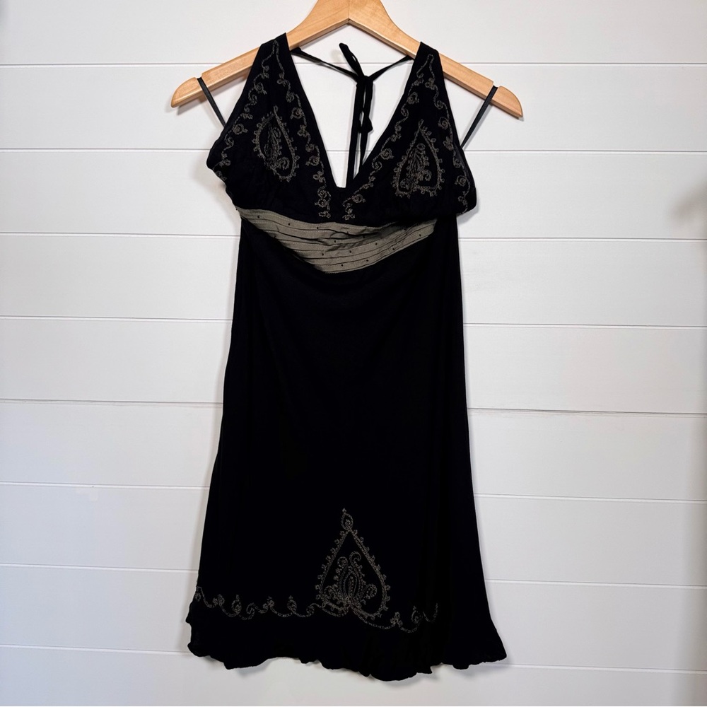 Bagus Black Halter Swim Coverup Dress with Embroidered Details Size Small